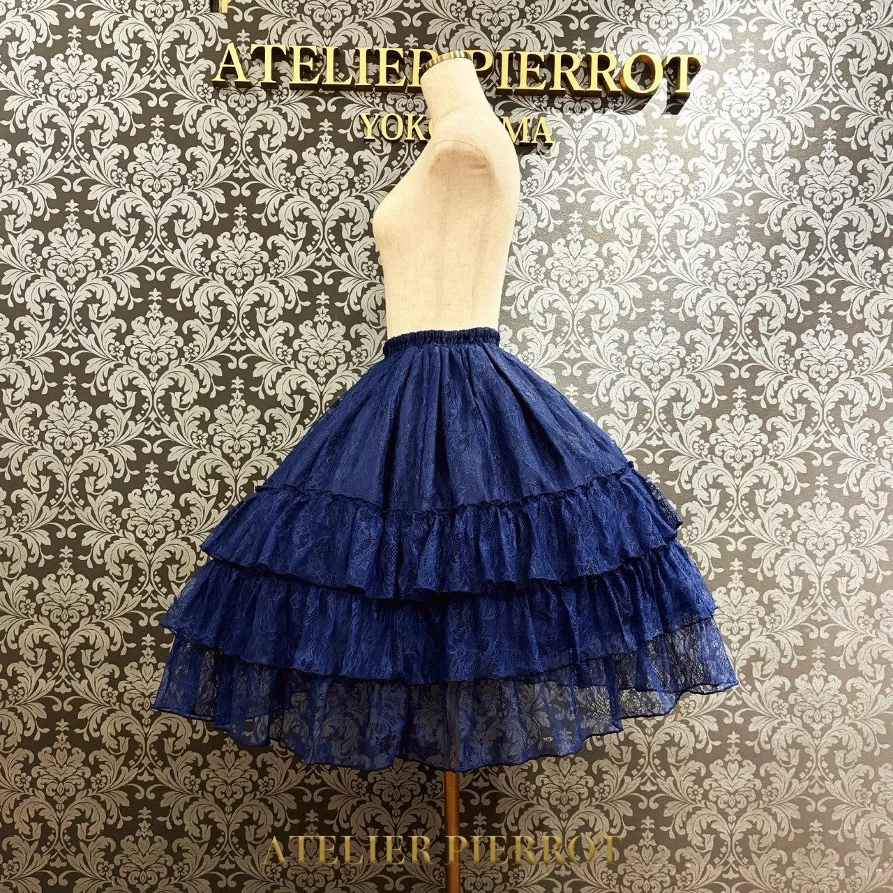 【ATELIER PIERROT】　Ruffle Chiffon Skirt -Lace-　 White/Ivory/Bordeaux/Navy/ Black