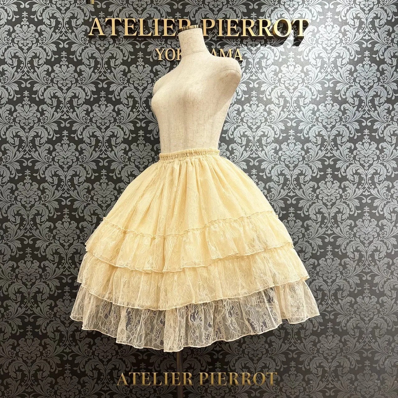 【ATELIER PIERROT】　Ruffle Chiffon Skirt -Lace-　 White/Ivory/Bordeaux/Navy/ Black