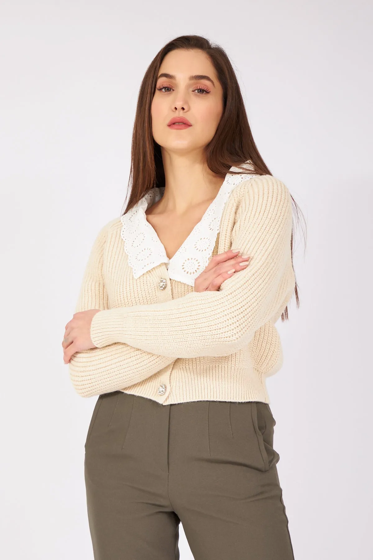 Beige Lace Collar Cardigan