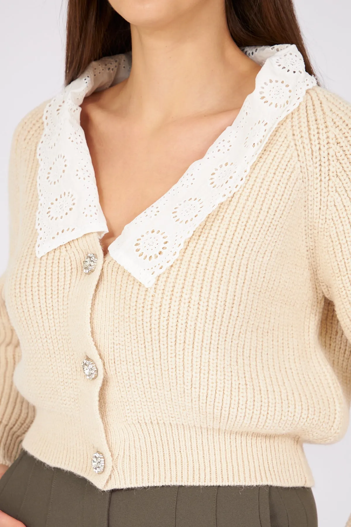 Beige Lace Collar Cardigan