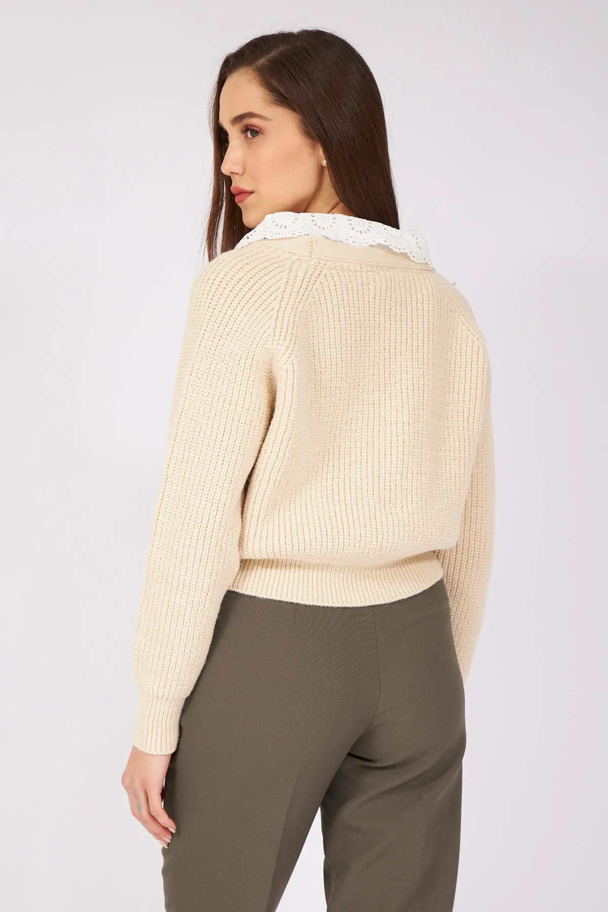 Beige Lace Collar Cardigan