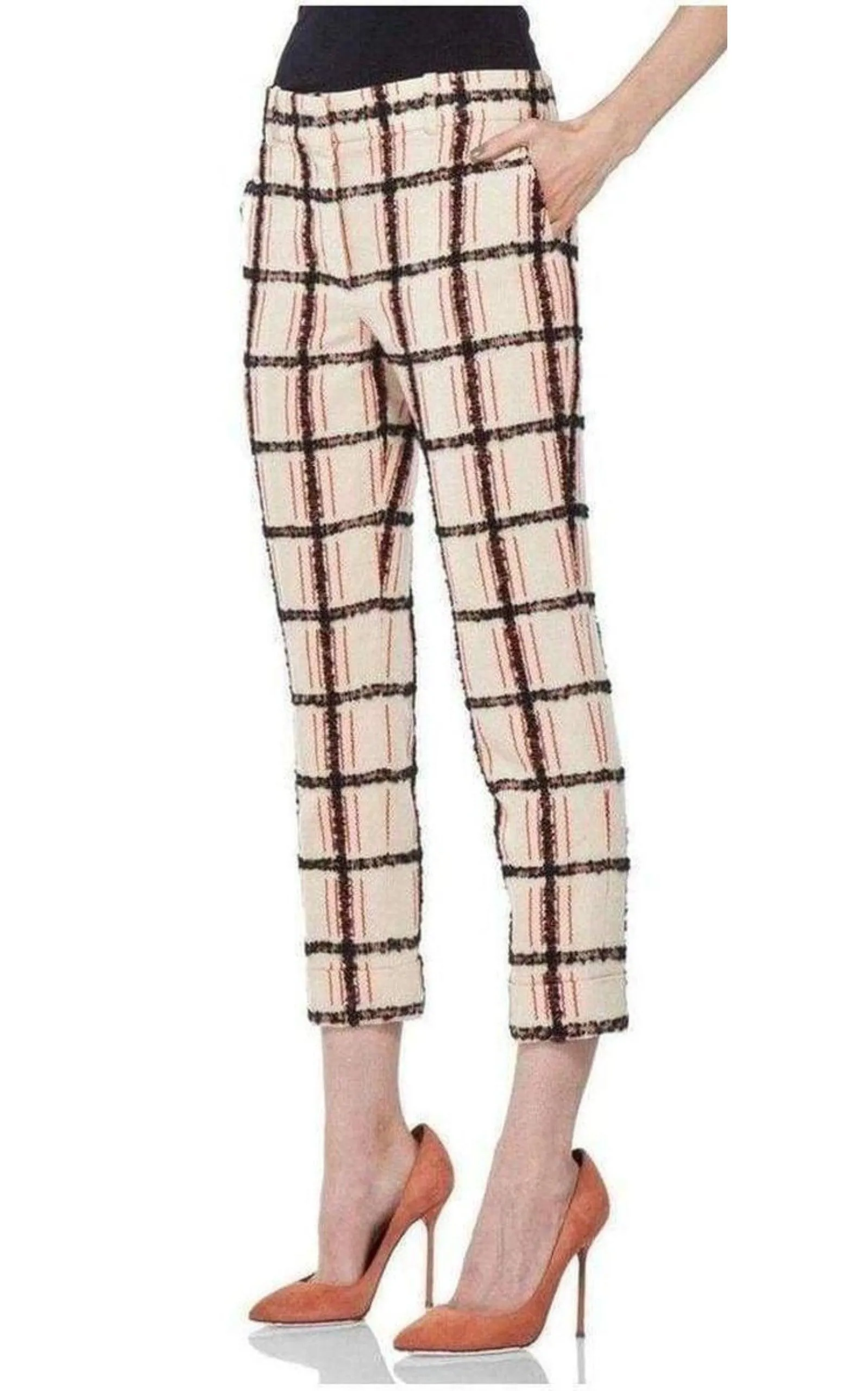 Beige Mohair Trim Check Cropped Pants