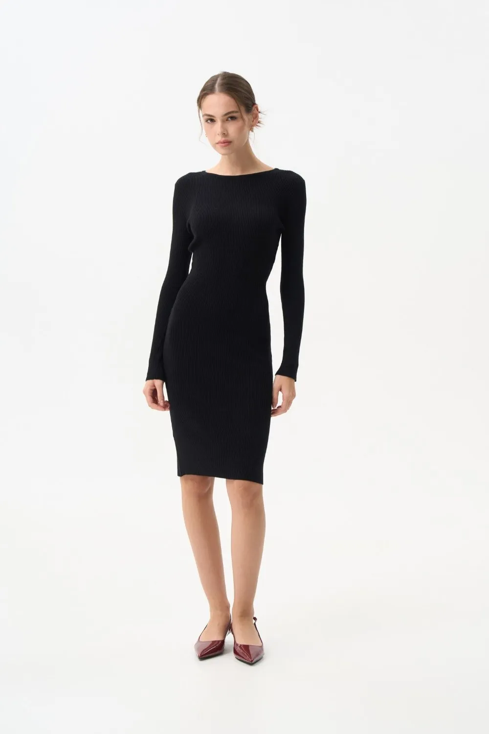Black Long Sleeve Ribbed Knit Dress