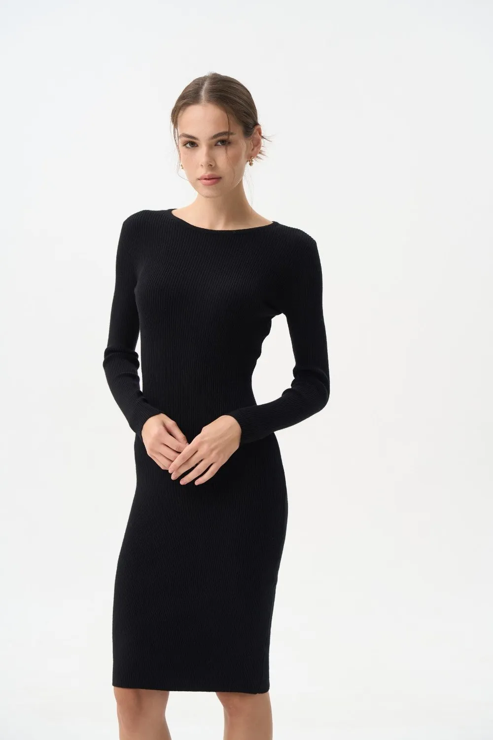 Black Long Sleeve Ribbed Knit Dress