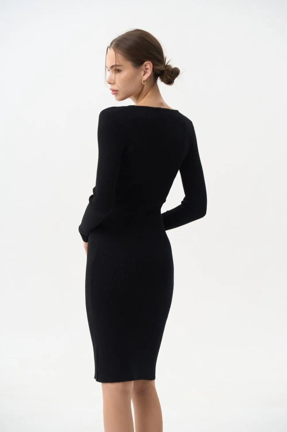 Black Long Sleeve Ribbed Knit Dress