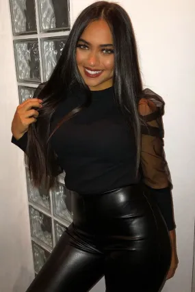 Black Net Puff Sleeve Ribbed Top - Aarvi