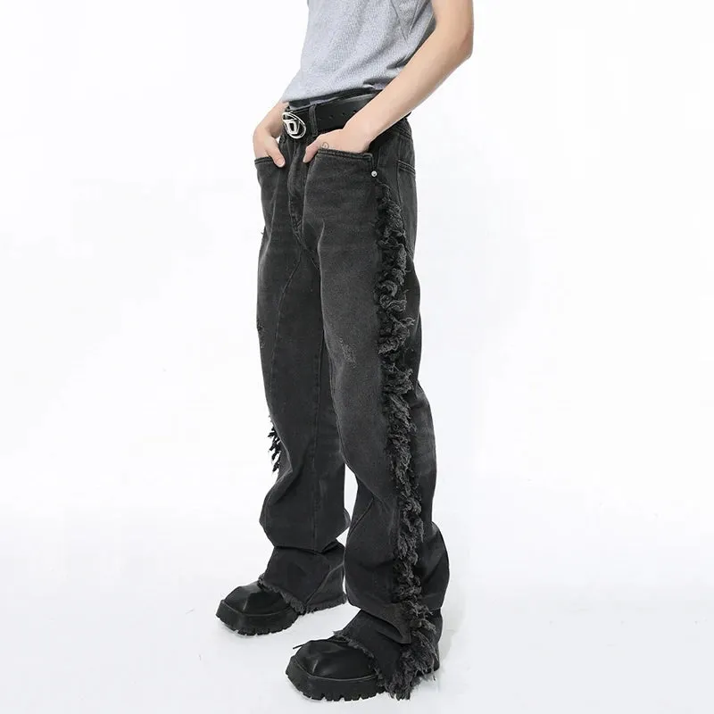 Black Ragged Edge Splicing Denim Jeans