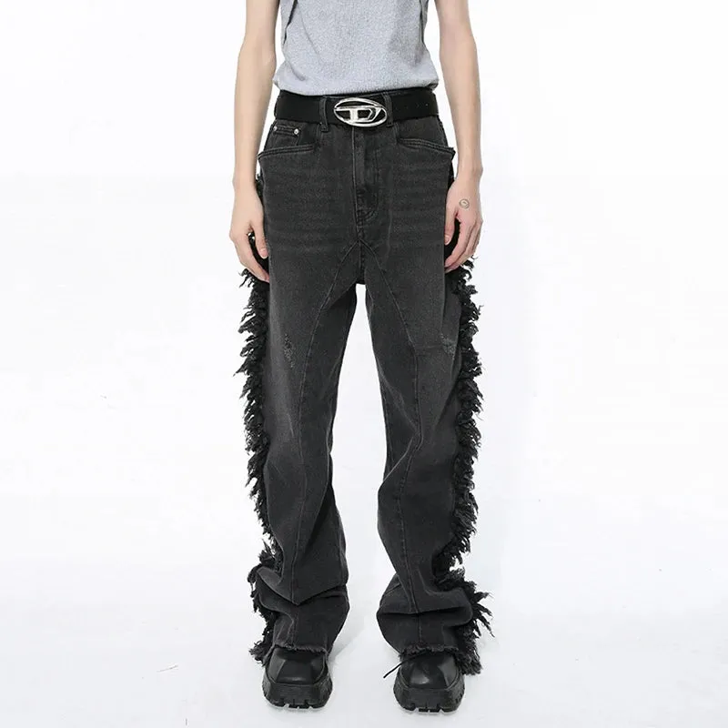 Black Ragged Edge Splicing Denim Jeans