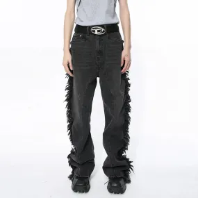 Black Ragged Edge Splicing Denim Jeans