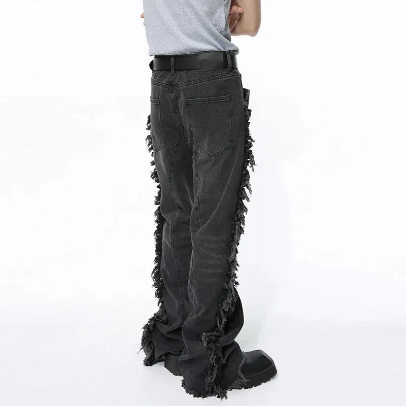 Black Ragged Edge Splicing Denim Jeans