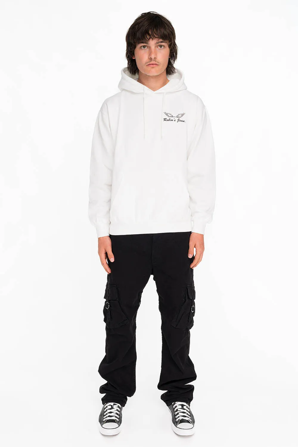 BLACK WINGS PULLOVER HOODIE IN WHITE