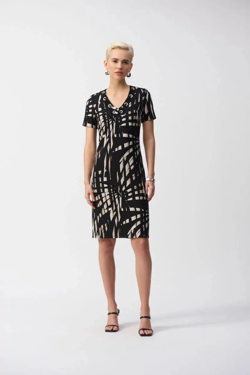 Black/Multi Silky Knit Tropical Print Shift Dress Style 251266