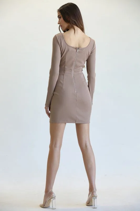 Brown Ribbed Knit Midi Dress