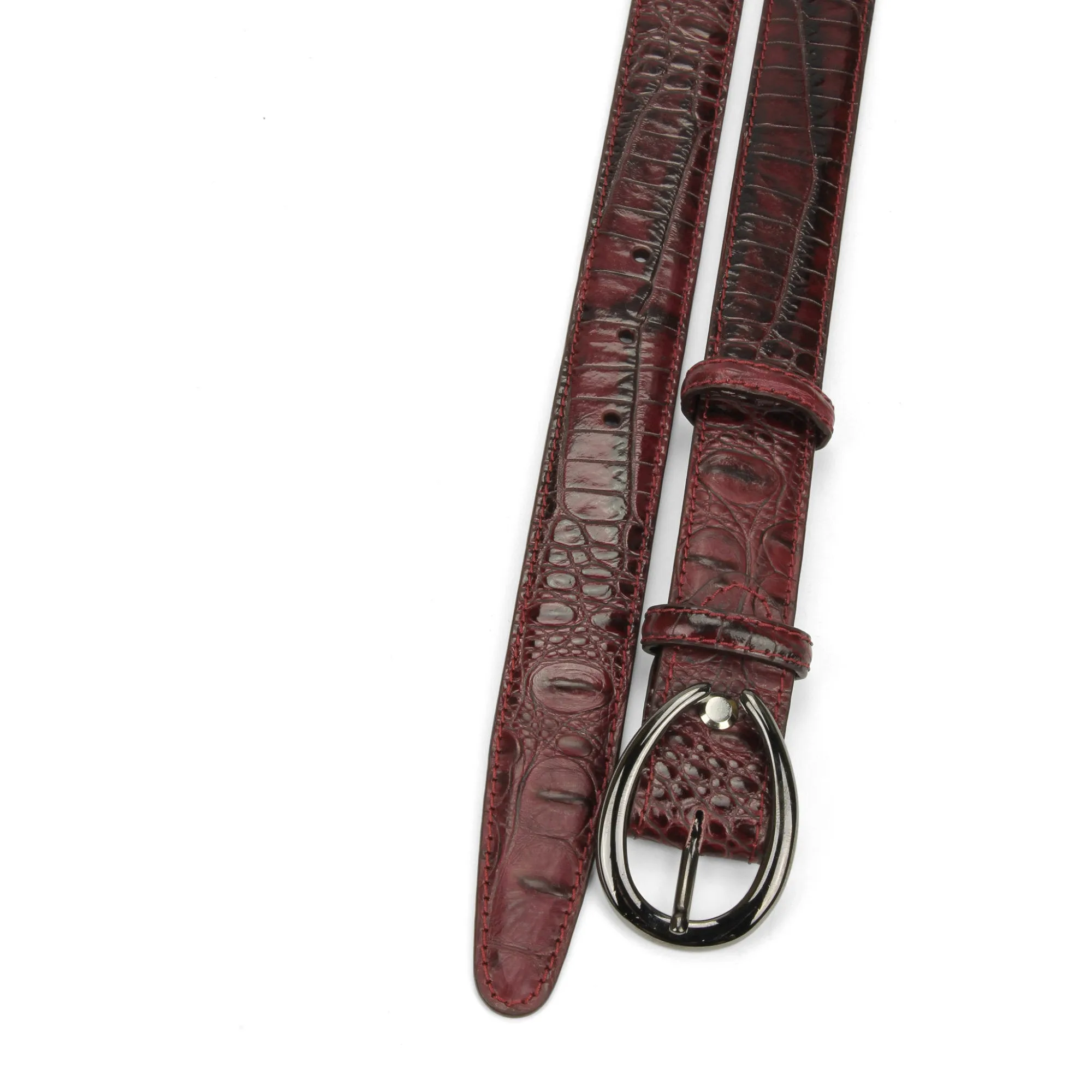 Burgundy Narrow Croc Effect Gunmetal Belt
