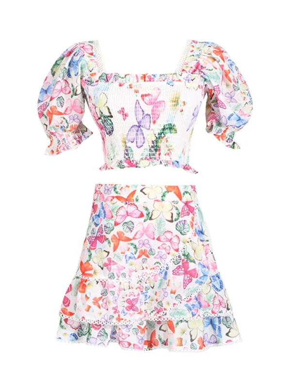 Butterfly Garden Party Crop Top and Ruffled Skirt Combination