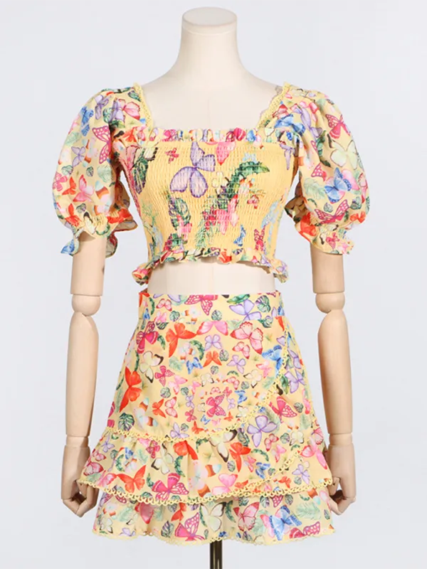 Butterfly Garden Party Crop Top and Ruffled Skirt Combination