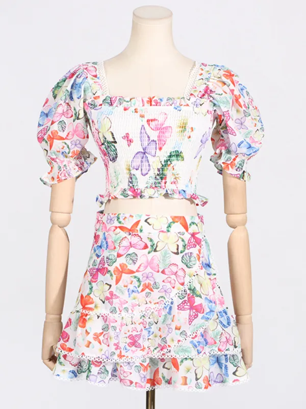 Butterfly Garden Party Crop Top and Ruffled Skirt Combination