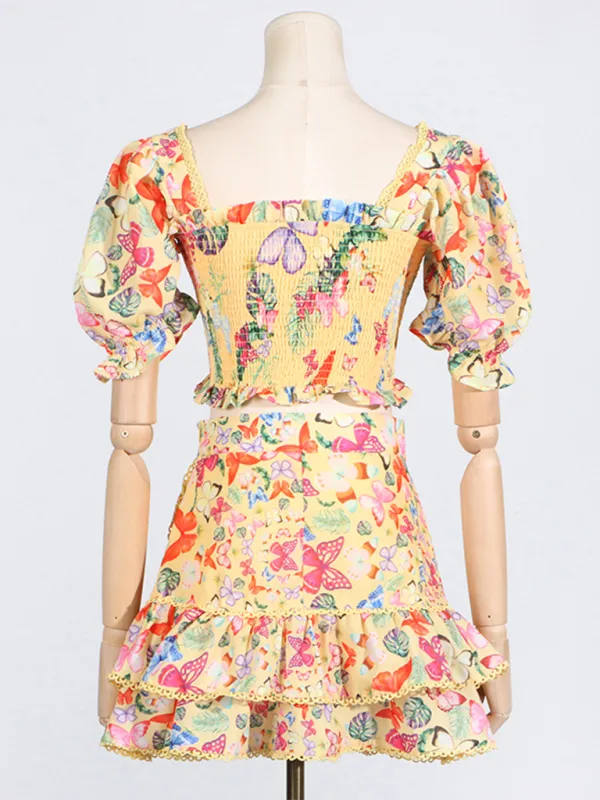 Butterfly Garden Party Crop Top and Ruffled Skirt Combination