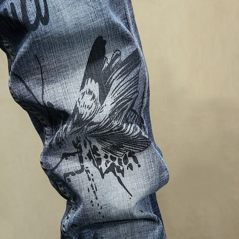 Butterfly Graffiti Printed Men Tapered Leg Jeans