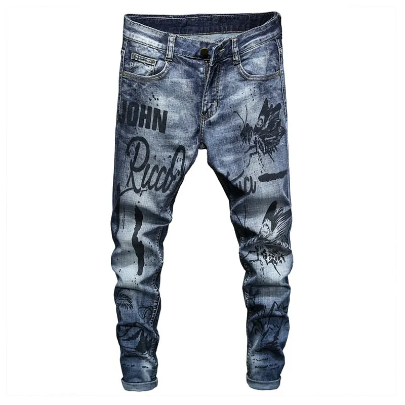 Butterfly Graffiti Printed Men Tapered Leg Jeans