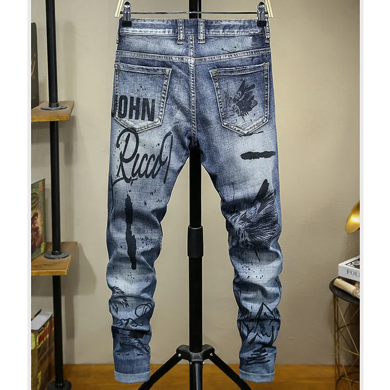 Butterfly Graffiti Printed Men Tapered Leg Jeans