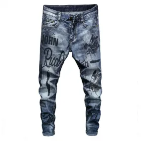 Butterfly Graffiti Printed Men Tapered Leg Jeans