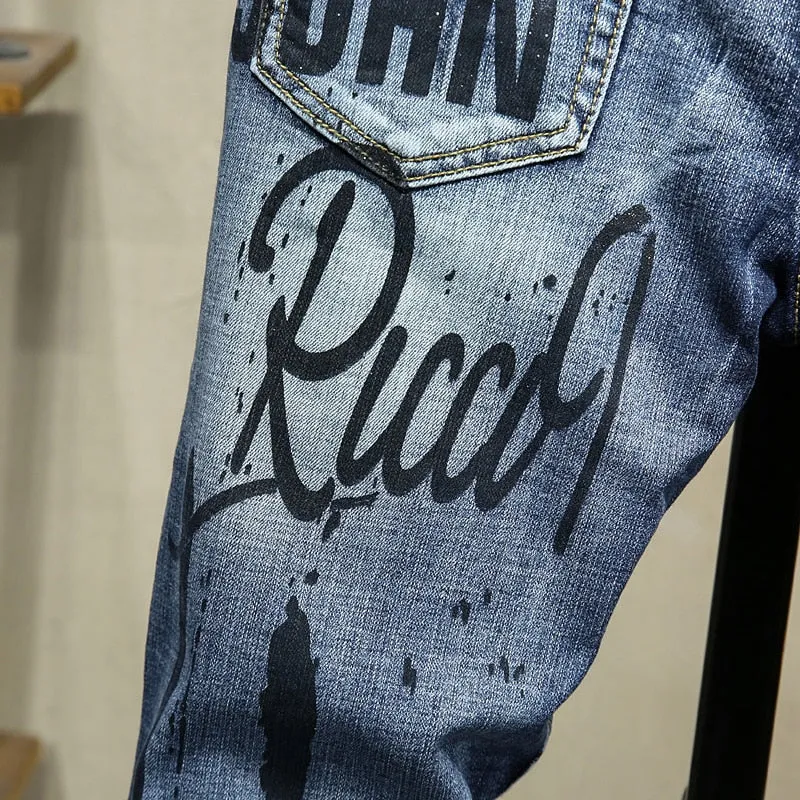 Butterfly Graffiti Printed Men Tapered Leg Jeans