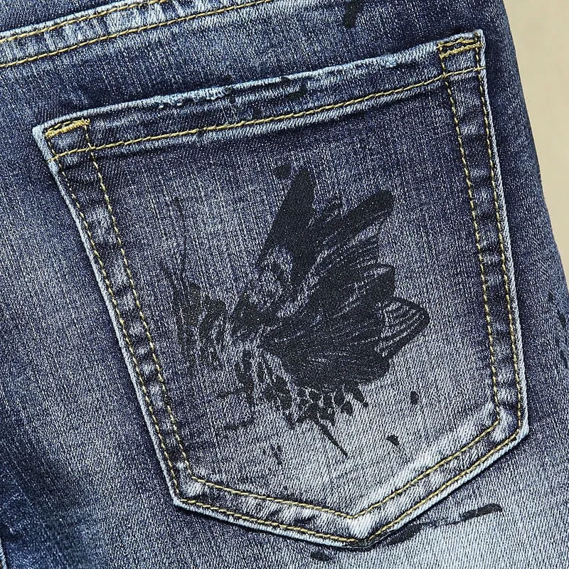 Butterfly Graffiti Printed Men Tapered Leg Jeans