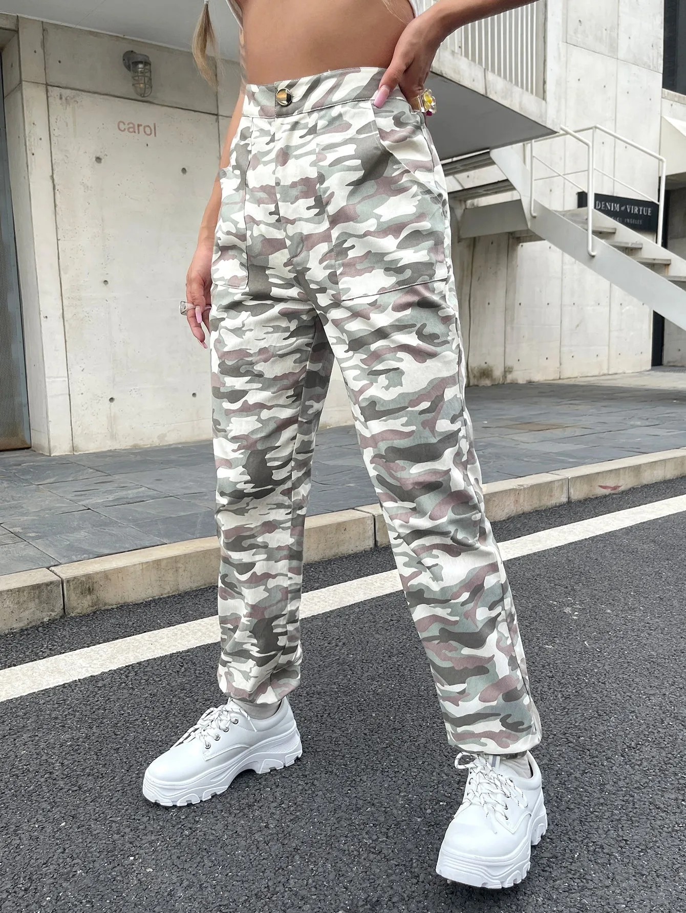 Casual Camo Zipper High Waist Cropped Women Pants