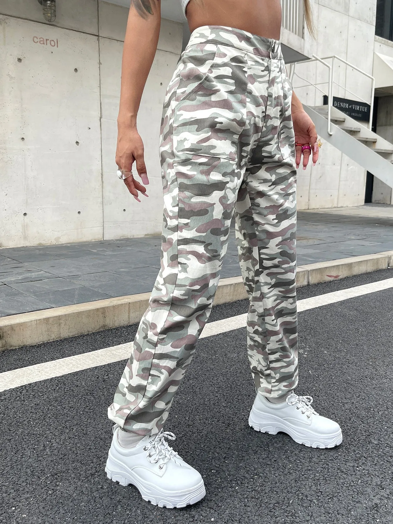 Casual Camo Zipper High Waist Cropped Women Pants