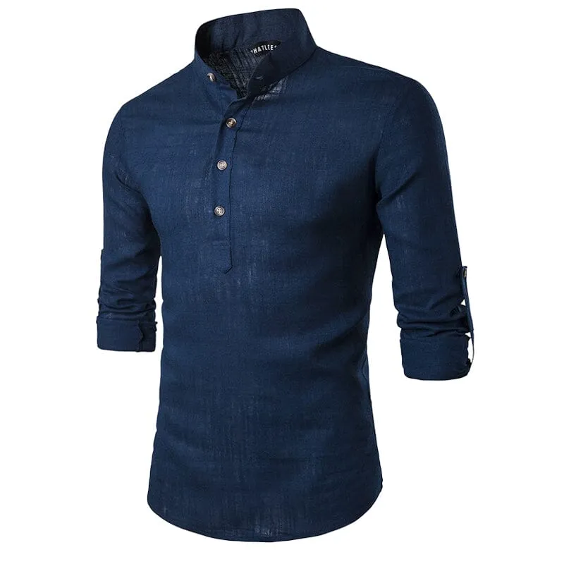 Casual Fashionable Solid Color Long Sleeve Linen Shirt With Stand Collar
