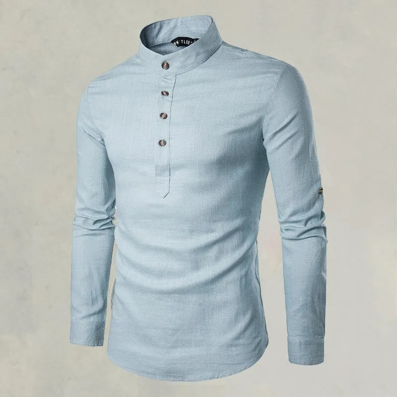 Casual Fashionable Solid Color Long Sleeve Linen Shirt With Stand Collar