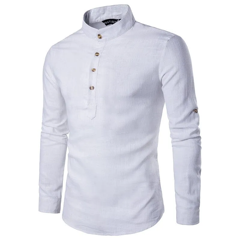 Casual Fashionable Solid Color Long Sleeve Linen Shirt With Stand Collar