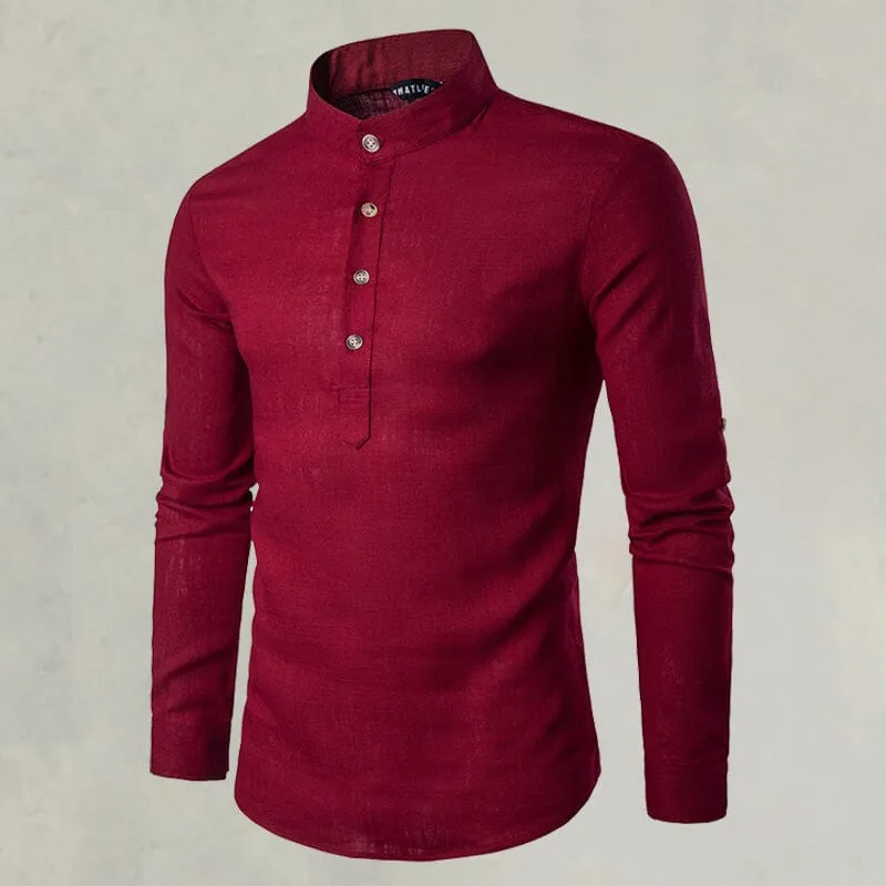 Casual Fashionable Solid Color Long Sleeve Linen Shirt With Stand Collar