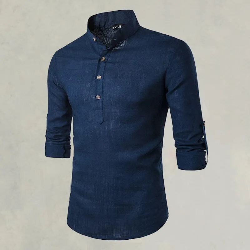 Casual Fashionable Solid Color Long Sleeve Linen Shirt With Stand Collar