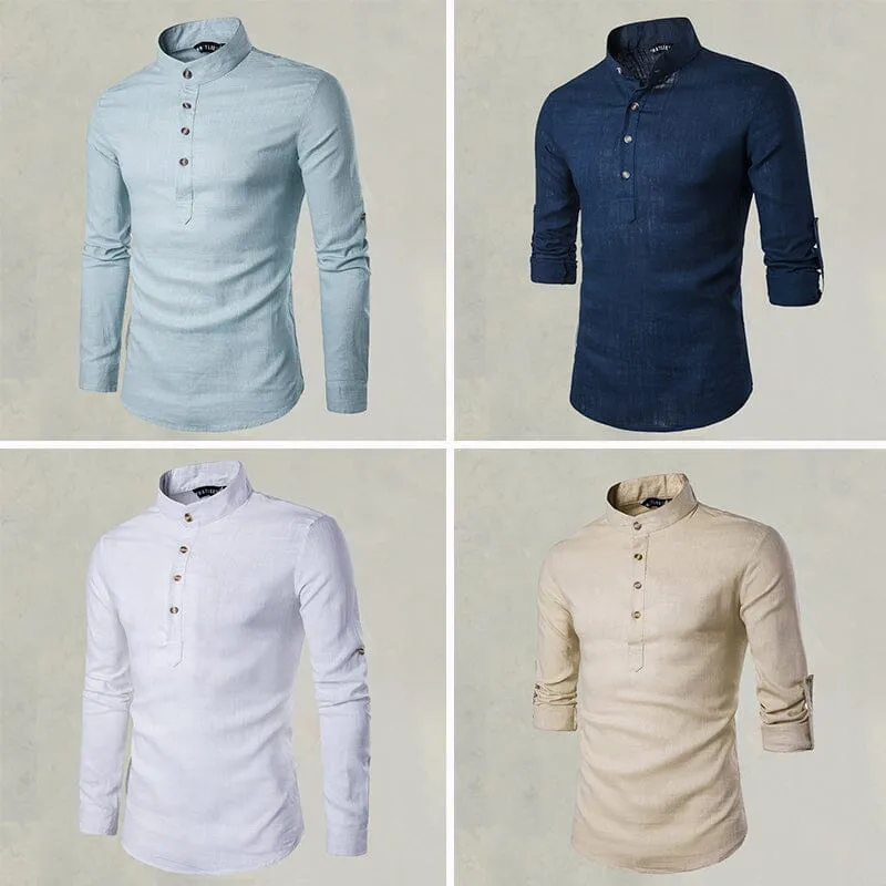Casual Fashionable Solid Color Long Sleeve Linen Shirt With Stand Collar