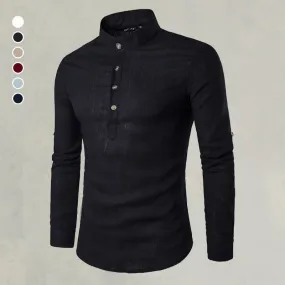 Casual Fashionable Solid Color Long Sleeve Linen Shirt With Stand Collar