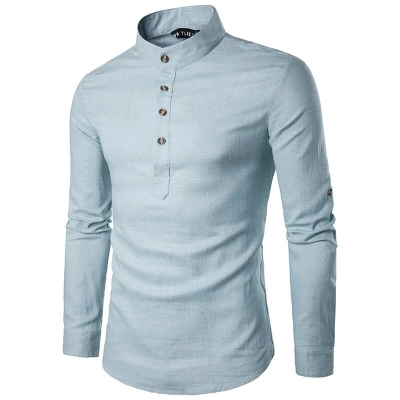 Casual Fashionable Solid Color Long Sleeve Linen Shirt With Stand Collar
