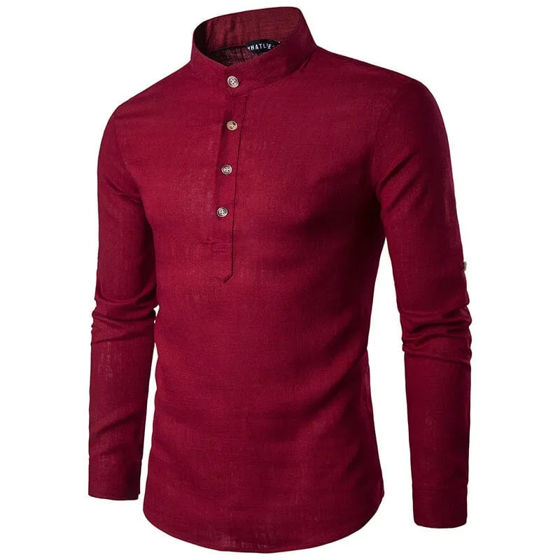 Casual Fashionable Solid Color Long Sleeve Linen Shirt With Stand Collar