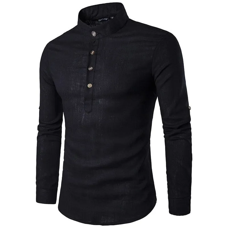 Casual Fashionable Solid Color Long Sleeve Linen Shirt With Stand Collar
