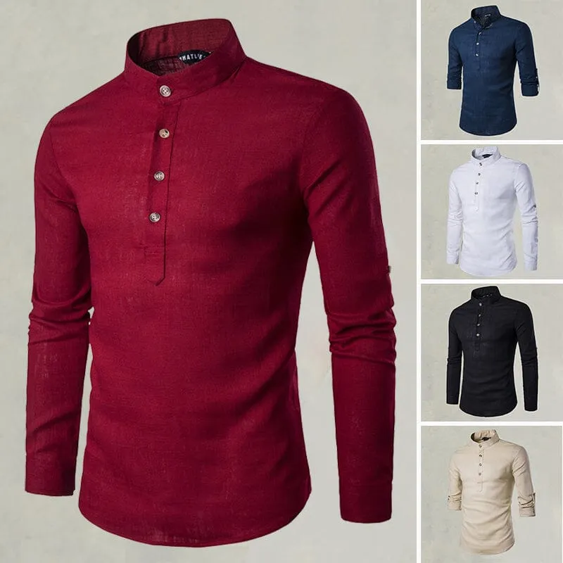 Casual Fashionable Solid Color Long Sleeve Linen Shirt With Stand Collar