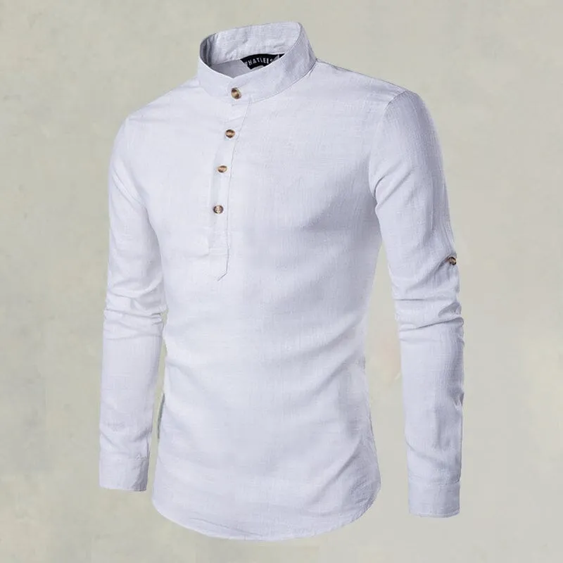 Casual Fashionable Solid Color Long Sleeve Linen Shirt With Stand Collar