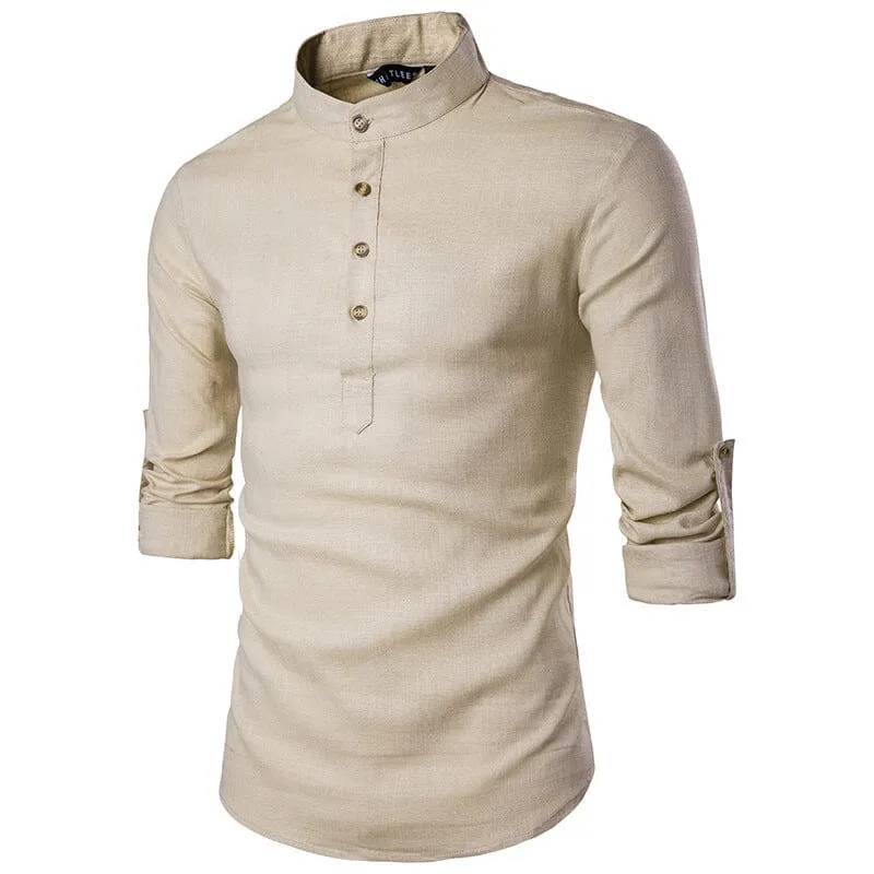 Casual Fashionable Solid Color Long Sleeve Linen Shirt With Stand Collar