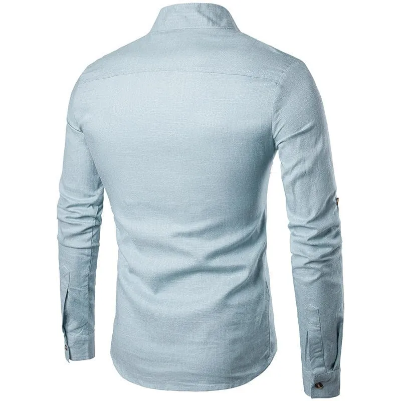 Casual Fashionable Solid Color Long Sleeve Linen Shirt With Stand Collar