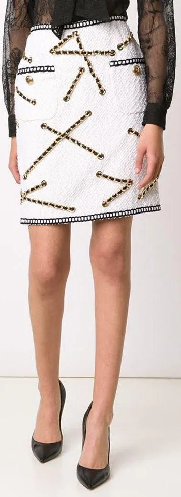 Chain Embellished Jacket & Skirt Set, White