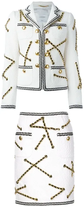 Chain Embellished Jacket & Skirt Set, White
