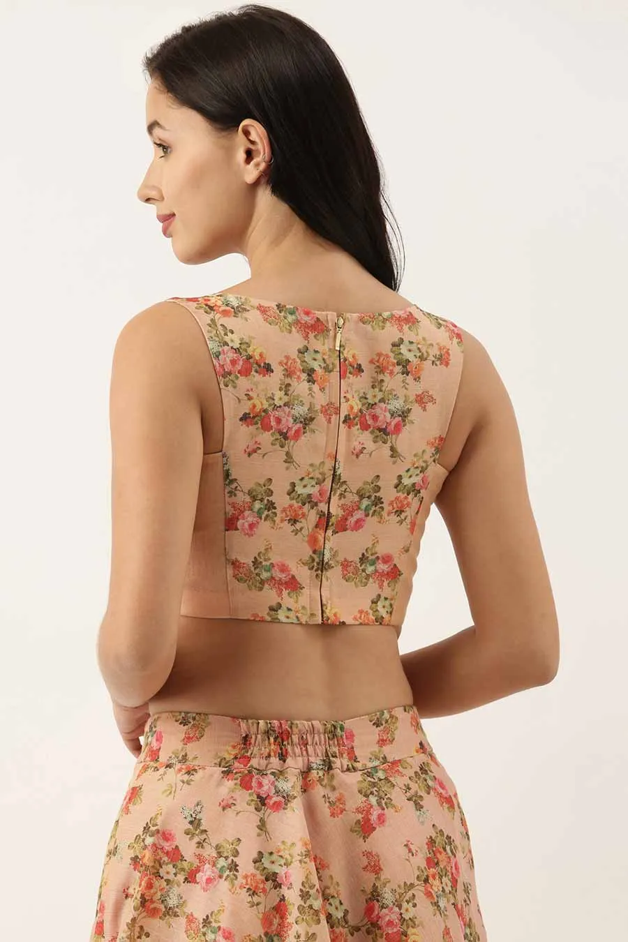 Chanderi Pink Printed Blouse & Skirt Set