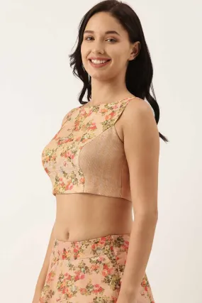 Chanderi Pink Printed Blouse & Skirt Set