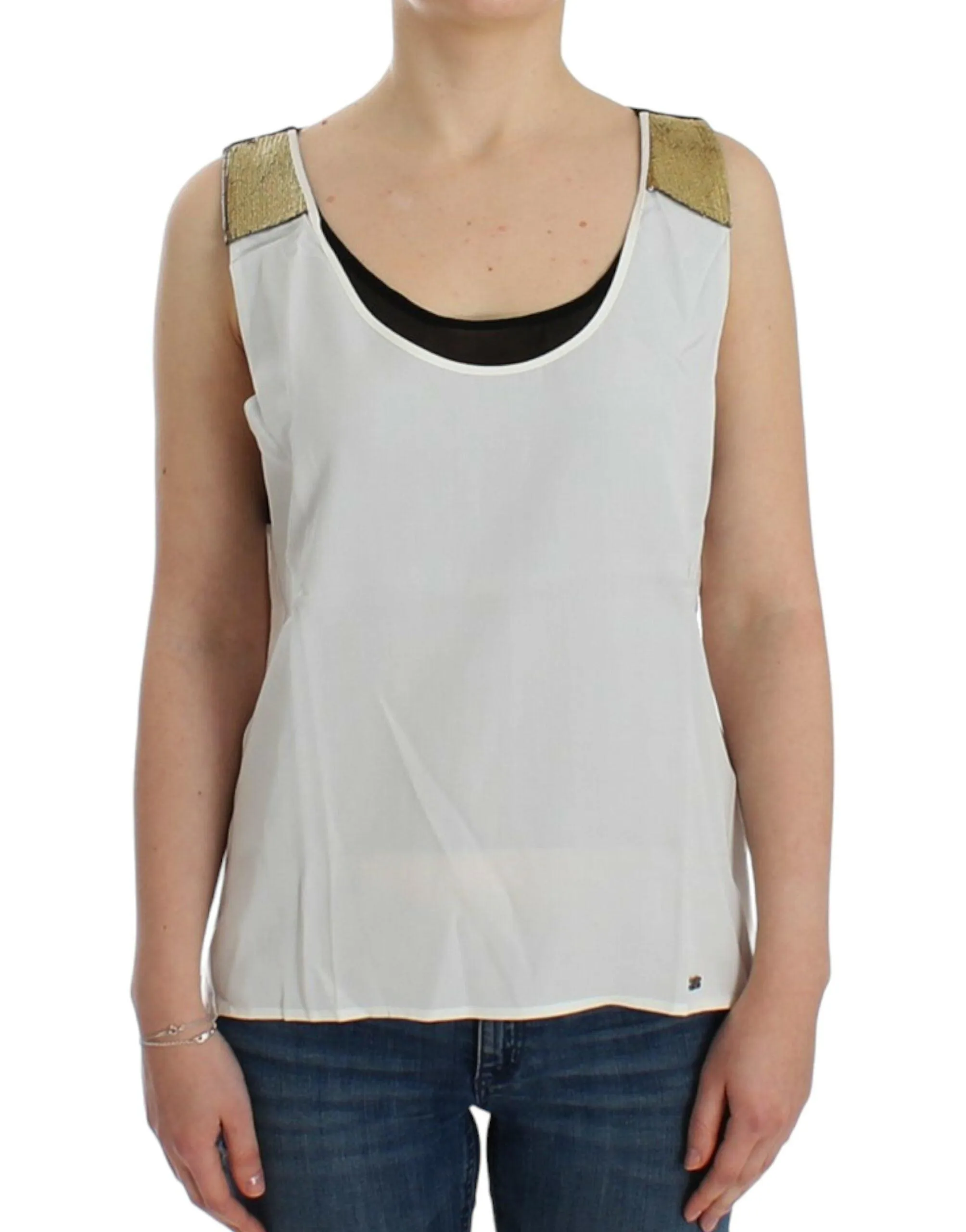 Costume National Elegant Monochrome Sleeveless Top with Gold Accents