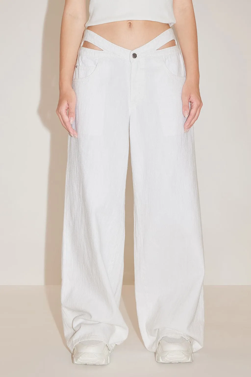 Cut Out White Wide Leg Jeans
